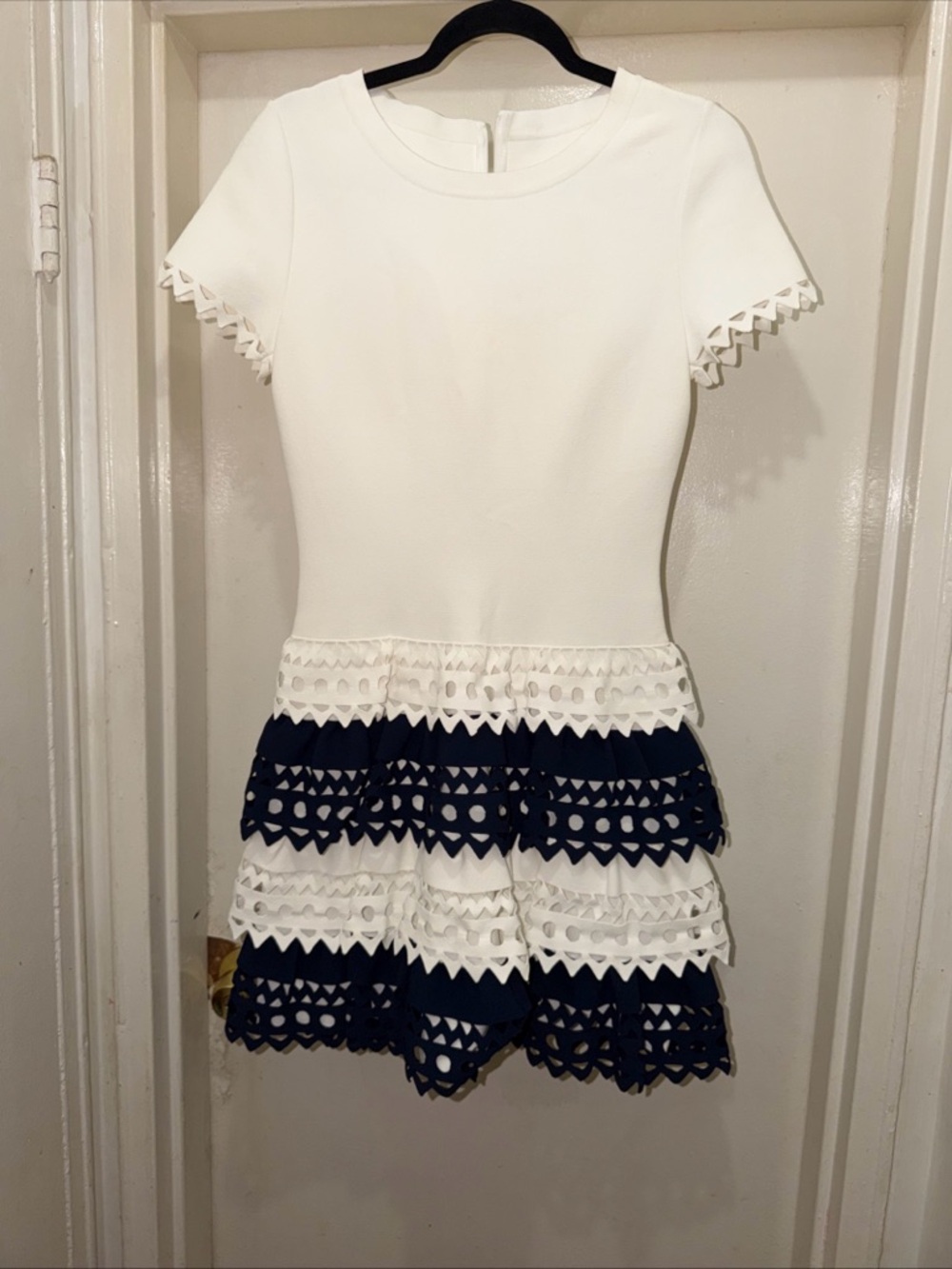 Alaia White and Navy Lace-Trim Mini Dress